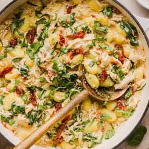 This EASY One Pan Marry Me Chicken and Gnocchi is the perfect weeknight meal! Pillowy soft gnocchi and tender chicken simmered together in a creamy sun dried tomato and parmesan sauce in just 20 minutes!  