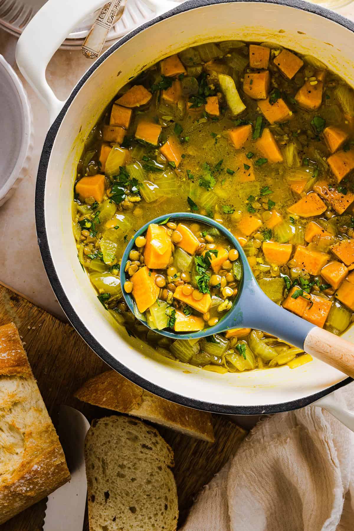 This hearty Lentil and Sweet Potato Stew is is delicious, super filling and easily comes together in under 30 minutes for the perfect weeknight dinner! A nourishing meal made with pantry staples that is gluten-free, dairy-free and vegan.